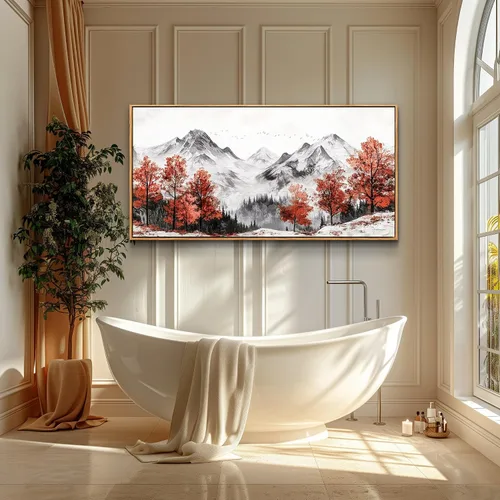 Miniatura 7 de PHAOHUAXM Lienzo decorativo de pared para sala de estar, decoración de pared grande para dormitorio, árbol rojo, tinta, paisaje de montaña, pintura