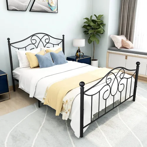 Miniatura 8 de DUMEE Base de cama de metal tamaño matrimonial con cabecera y estribo vintage, almacenamiento debajo de la cama, no necesita somier
