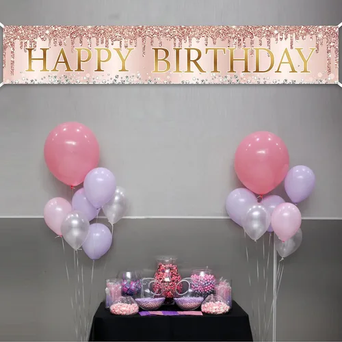 Miniatura 3 de Cartel de feliz cumpleaños de oro rosa rosa, gran cartel de feliz cumpleaños para patio, suministros de fiesta para mujeres, decoración