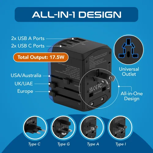 Miniatura 3 de Ceptics Adaptador de viaje universal, cargador universal 5 en 1 para laptop con 2 puertos USB-A y USB-C 3.5A para móviles, portátiles, cámaras