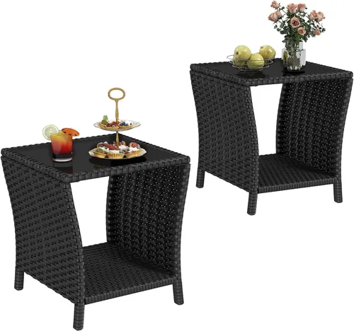 Miniatura 12 de kinbor Mesa pequeña para exteriores – Mesa auxiliar de mimbre para exteriores con estante de almacenamiento para patio, balcón y porche, ratán