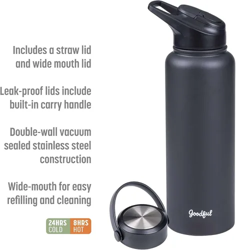 Miniatura 2 de Goodful Botella de agua de doble pared sellada al vacío, aislada con dos tapas intercambiables, tapas para beber o tragar, a prueba de fugas, boca