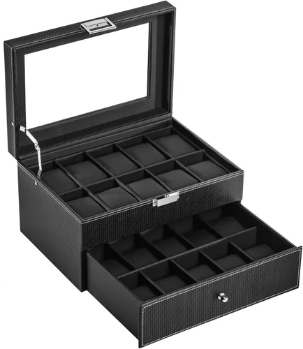 BASTUO Caja de reloj 20 relojes organizador de exhibición de cuero de fibra de carbono de lujo, caja de colección de joyas para hombres y mujeres,
