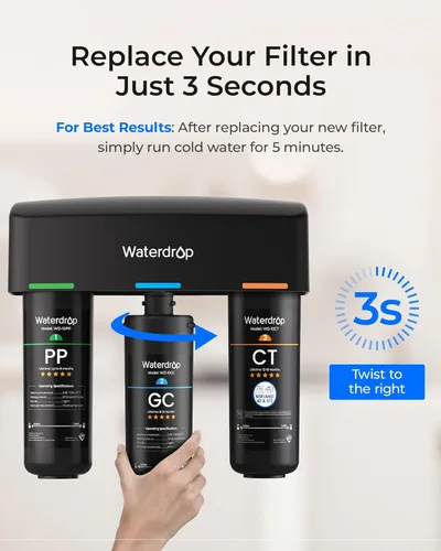 Miniatura 4 de Waterdrop TSA - Filtro de agua de repuesto de 3 etapas, repuesto para Waterdrop TSA y TSB y TSB-CM Sistema de filtración de agua de 3 etapas debajo