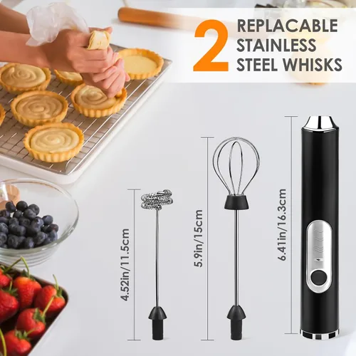 Miniatura 2 de Espumador de leche de mano, varita espumadora de café recargable con 2 batidores de acero inoxidable 3 velocidades, mezclador de bebidas, máquina