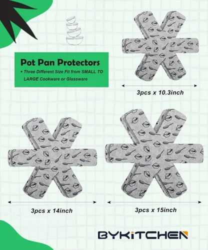 Miniatura 3 de BYKITCHEN Protectores de ollas y sartenes para apilar, juego de 9 y 3 tamaños, separadores de sartenes de fieltro para ahorrar espacio, protectores