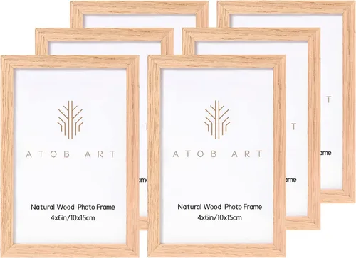 ATOBART Juego de 6 marcos para fotos de 4x6 pulgadas, hechos de madera maciza de ROBLE con frente de vidrio real, marco de fotos de madera natural