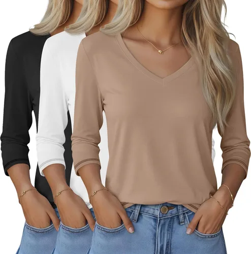 Miniatura 12 de Ficerd Paquete de 3 camisetas de manga 3/4 para mujer, cuello en V, blusas holgadas, blusas casuales, ropa de moda 2026