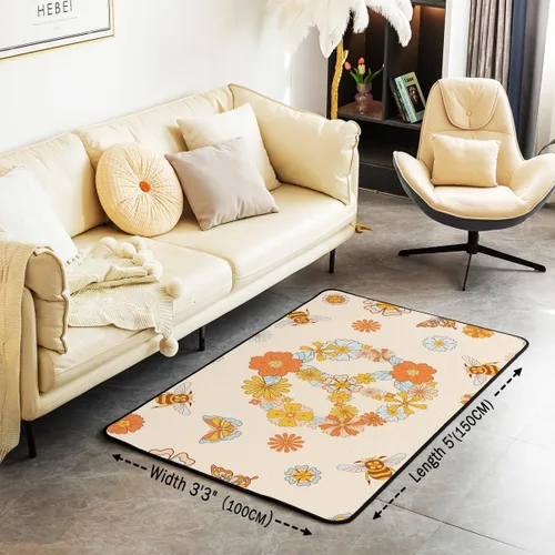 Miniatura 3 de jejeloiu Hippie Peace Art Living Room Rugs Retro Hippie Flower Area Rug for Kids Boys Teens Butterfly Bee Peace Sign Artwork 60S 70S Groovy Floral