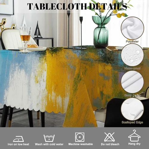 Miniatura 4 de Swono Mantel rectangular de pintura abstracta, diseño de bola de sol, color amarillo, turquesa, mantel de pícnic, mantel de poliéster para cocina