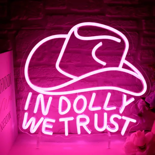 Letrero LED de neón con texto en inglés "In Dolly We Trust", con sombrero de vaquera rosa, arte de pared del oeste de estilo retro campestre,