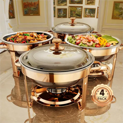 Miniatura 8 de Platos de roce para buffet, paquete de 4 platos redondos de acero inoxidable de 5 cuartos de galón para fiestas en casa, reuniones de Navidad