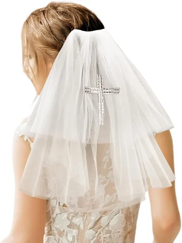 Mantveil Velos de novia cruzados longitud de hombro blanco velo corto de 2 niveles con peine accesorios para el cabello para mujeres y niñas