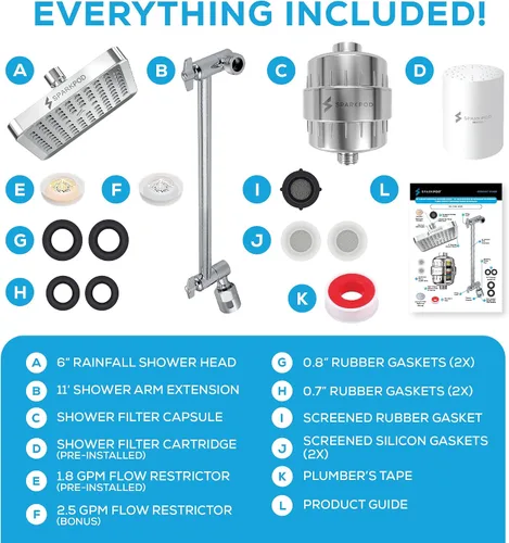 Miniatura 8 de SparkPod Cabezal de ducha de lluvia de alta presión de 6 pulgadas con cápsula de filtro de 23 etapas y extensión de brazo de ducha ajustable de 11