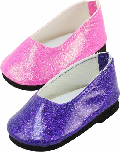 Miniatura 12 de American Fashion World Zapatos planos con lazo de diamante metálico rosa intenso, lavanda y verde azulado para muñecas de 14 pulgadas, paquete de 3