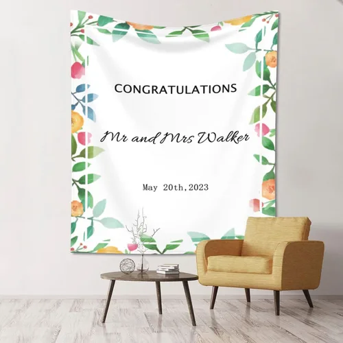 Miniatura 3 de Telón de fondo de boda personalizado, tapiz de felicitaciones de flores coloridas personalizado con nombres y fecha, pancarta de boda personalizada