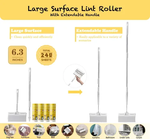 Miniatura 2 de Rodillo de pelusa de superficie grande con mango largo extensible a prueba de polvo, 6.3 pulgadas más ancho, 240 hojas, trapeador adhesivo de mango