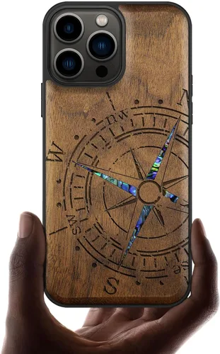 Miniatura 9 de Carveit Funda protectora de madera de diseñador para iPhone 13 Pro Max, cubierta magnética, grabado en madera e incrustaciones de concha, funda