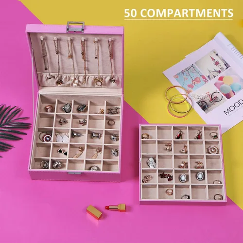 Miniatura 2 de BEWISHOME Soporte organizador de aretes para niñas, funda de 50 ranuras, 6 ganchos para collares, 2 bandejas apilables, caja de joyería rosa