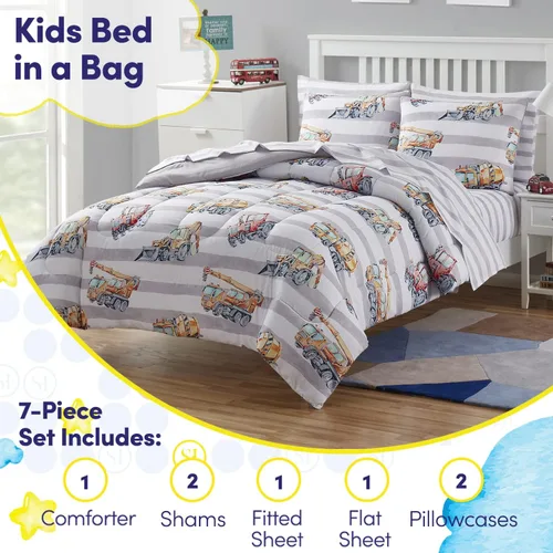 Miniatura 2 de Juego de ropa de cama para niños en una bolsa para niños y niñas, con juego de sábanas impresas y edredón, tamaño completo, camiones