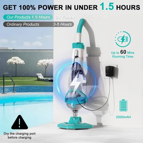 Miniatura 5 de Aspiradora inalámbrica para piscina sobre el suelo, aspiradora de mano de 19 GPM para bañera de hidromasaje con poste extensible de 60 pulgadas