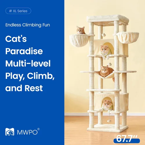 Miniatura 9 de MWPO - Árbol grande para gatos, torre de 67.7 pulgadas de altura para gatos de interior con 2 condominios, soporte de varios niveles con 3 hamacas