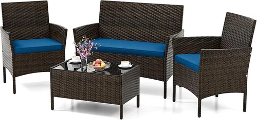 Miniatura 10 de HAPPYGRILL Juego de 4 muebles de mimbre para exteriores, juego de muebles de mimbre para patio con sillas de dos plazas y mesa de café de vidrio