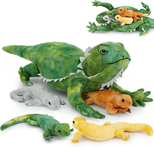 Tezituor Juego de 5 lagartos de peluche realistas con bebés, 26.4 pulgadas, gran peluche de dragón barbudo, juguete de juguete para niños