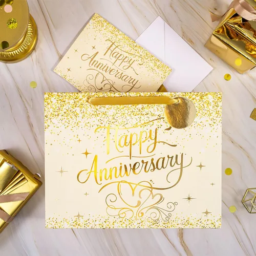 Miniatura 3 de LeZakaa 13" Wedding Anniversary Bag with Tissue Paper, Tag & Greeting Card, Happy Anniversary Gold Glitter Gift Bag for Couple, Parents, Wife