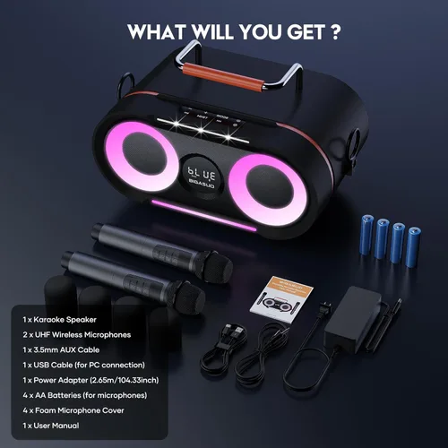 Miniatura 9 de BIGASUO Máquina de karaoke con luces intermitentes explosivas de graves intensos para adultos, sistema de altavoces PA portátil Bluetooth con 2