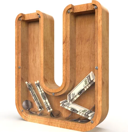 Miniatura 33 de Alcancía para niños y niñas, alcancía grande de madera personalizada con diseño recortado, bancos de monedas con letras del alfabeto, caja de ahorro