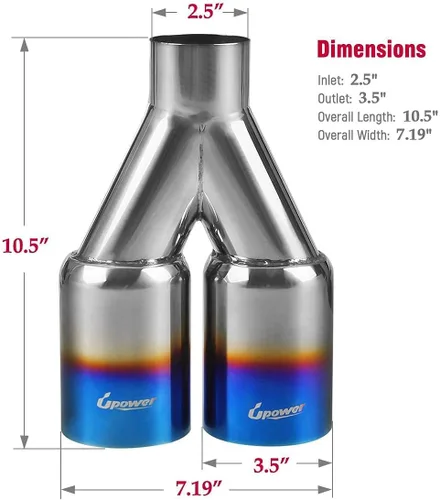 Miniatura 3 de Upower Punta de escape doble de 2.5 pulgadas, entrada de 3.5 pulgadas, salida de 2.5 a 3.5 pulgadas, tubo de escape diésel azul quemado 304, acero