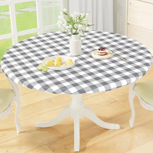 Miniatura 12 de misaya Mantel redondo ajustable con borde elástico, mantel de vinilo impermeable a cuadros de búfalo con parte trasera de franela para mesas
