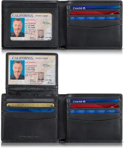 Miniatura 22 de SERMAN BRANDS Billetera de piel con 2 ventanas de identificación para hombre, con bloqueo RFID, doble tapa superior, billetera de viaje de capacidad