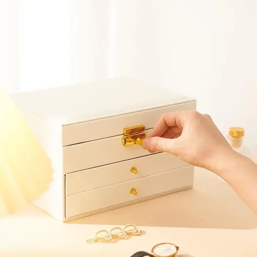Miniatura 8 de HALUS HAUNTER Joyero organizador de cuero sintético con cajón, joyero grande con forro de terciopelo, organizador de aretes y organizador de joyas