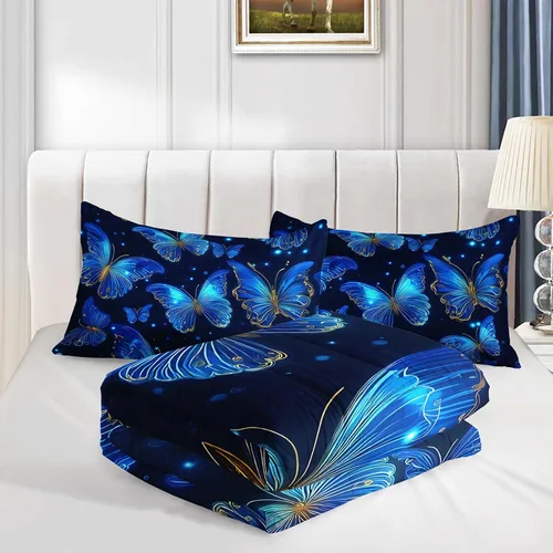 Miniatura 5 de AILONEN Juego de edredón de mariposa azul tamaño Queen, juego de ropa de cama de 3 piezas de animales elegantes, azul marino oscuro cielo nocturno