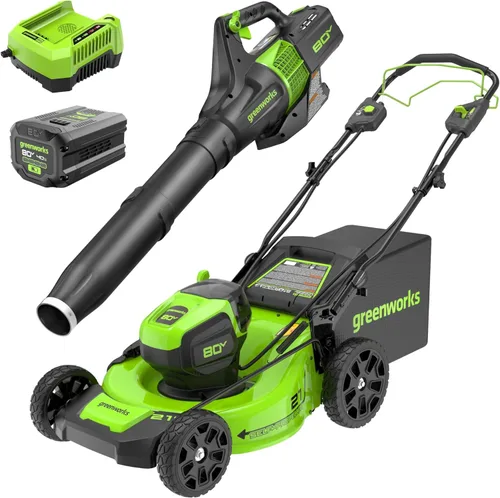 Greenworks Cortacésped eléctrico inalámbrico sin escobillas de 80 V 21 pulgadas (autopropulsado) + soplador de hojas axial (580 CFM) (más de 75