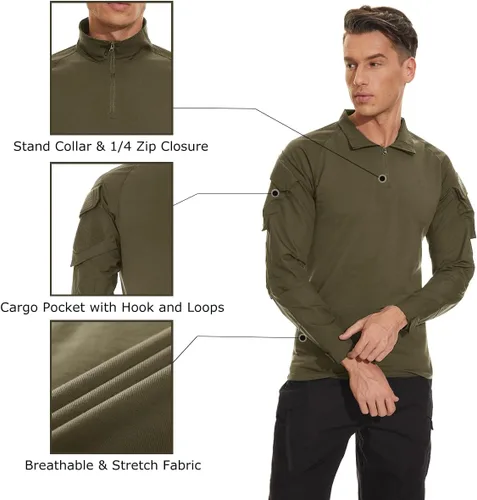 Miniatura 47 de TACVASEN Camisa táctica de manga larga para hombre, con cremallera de 1/4, con bolsillos, para paintball, militar, Airsoft, transpirable