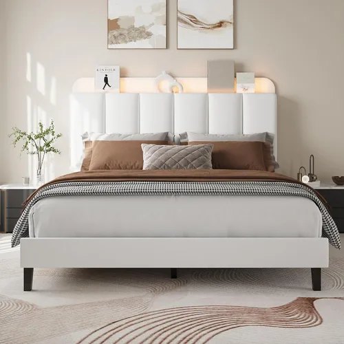 Miniatura 11 de BarnFurin Base de cama individual con luces LED, plataforma tapizada con cabecera de almacenamiento, marco de cama individual, sin ruido,