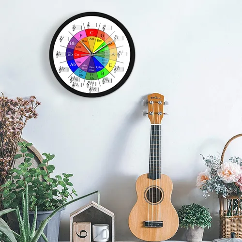 Miniatura 6 de Circle of Fifths Music Theory Cheat Sheet Reloj de pared colorido con marco de metal, rueda silenciosa de ecuaciones de armonía funciona