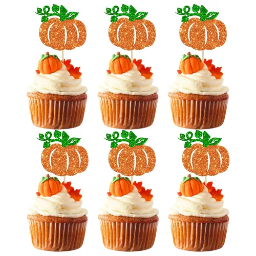Miniatura 9 de Gyufise 24 piezas de decoración de cupcakes de calabaza con purpurina para temática de otoño, Acción de Gracias, Halloween, baby shower, niños