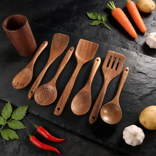 Miniatura 4 de Cucharas de madera para cocinar, juego de utensilios de cocina de madera de madera maciza natural, incluye cucharas, espátulas, cucharones, cuchara