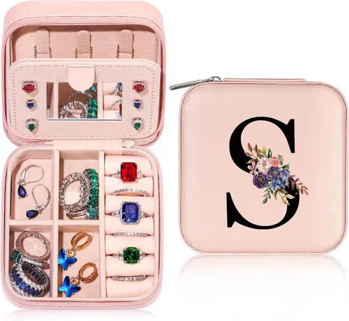 Parima Joyero de viaje, organizador de joyas, caja pequeña de viaje para mujer, mini joyero de viaje, joyero de viaje, pequeño joyero con inicial, S