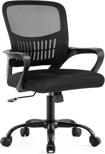 DUMOS Silla de escritorio de oficina en casa, ergonómica con respaldo medio con soporte lumbar y modo mecedor, altura ajustable con reposabrazos