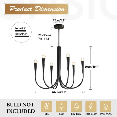 Miniatura 2 de Lámpara colgante moderna de 6 luces para comedor, cocina, sala de estar, lámpara industrial rústica negra MPL26-6 BK