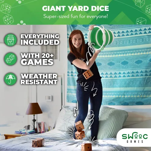 Miniatura 4 de SWOOC Yardzee, Farkle y más de 20 juegos – Juego de dados ligeros para patio (todo tipo de clima) con cubo plegable, 5 tarjetas de puntuación