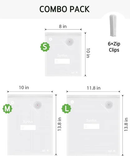 Miniatura 2 de Syntus Bolsas selladoras al vacío para alimentos, 60 unidades (S+M+L) de 8 x 10 pulgadas y 10 x 13.8 pulgadas y 11.8 x 13.8 pulgadas, bolsas