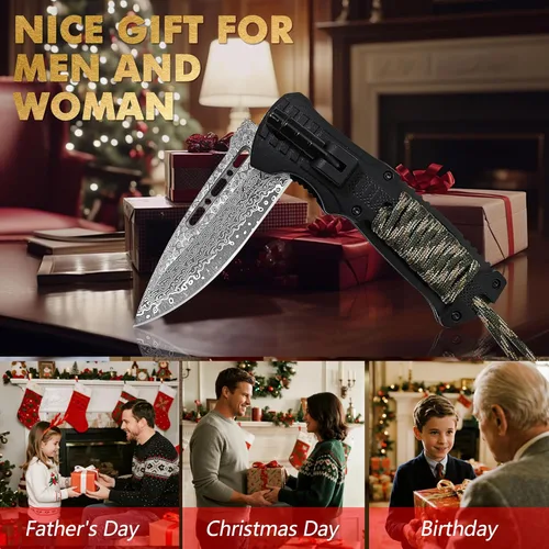 Miniatura 9 de XIPHIAS Damascus XK039DA - Cuchillo de supervivencia 6 en 1, multiherramienta plegable con luz LED, arrancador de fuego, silbato y paracaídas, clip
