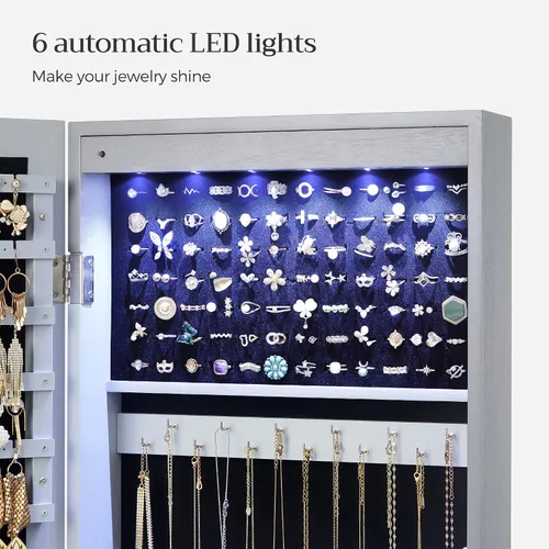 Miniatura 21 de Songmics - UJJC93W - Armario para joyas que se puede cerrar con llave, de montaje en pared o puerta, con espejo de 6 luces LED, para organización
