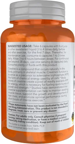 Miniatura 3 de NOW Nutrición Deportiva, Monohidrato de Creatina 750 mg, Edificio Masivo*/Producción de Energía*, 120 Cápsulas Vegetales